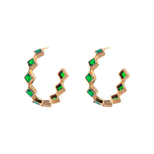 Optimism earrings metal rose gold hoops with green zircons 2.5 cm
