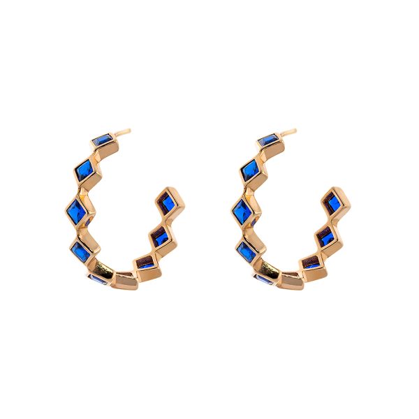 Optimism earrings metallic rose gold hoops with blue zircon 2.5 cm
