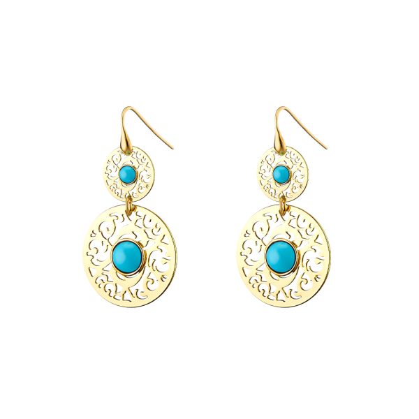 Byzance Earrings metallic gold plated filigree with turquoise stones 1.3 cm - 2.4 cm