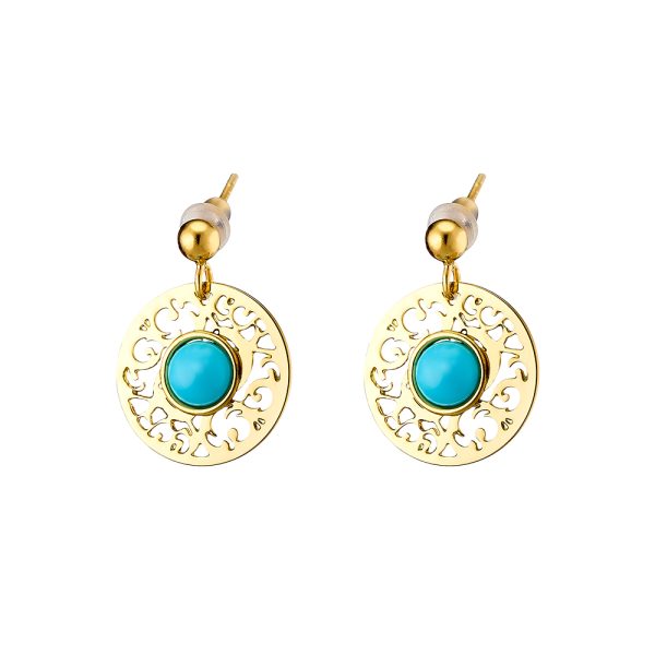 Byzance Earrings metallic gold plated filigree with turquoise stone 1.7 cm