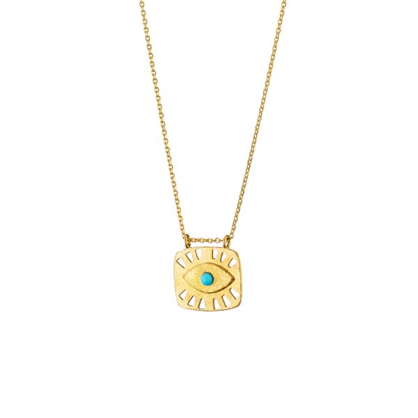 Κολιέ Talisman ασημένιο επίχρυσο ματ με μάτι και τιρκουάζ πέτρα