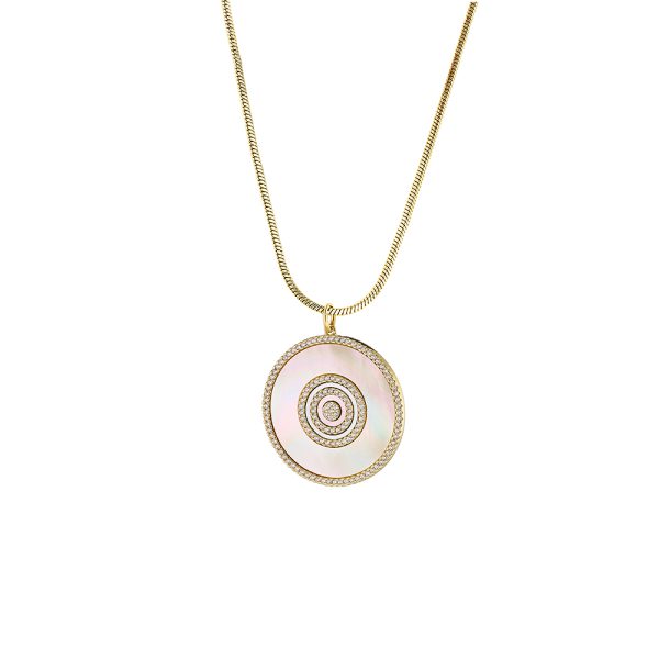 Optimism Necklace metallic gold plated with double chain, white cz and mop