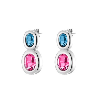Extravaganza steel earrings with oval aqua and pink crystals