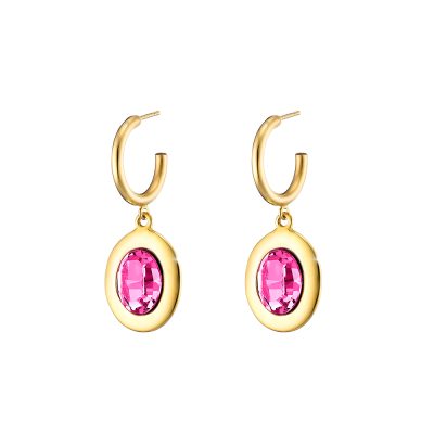 Extravaganza steel gold plated earrings with oval pink crystal