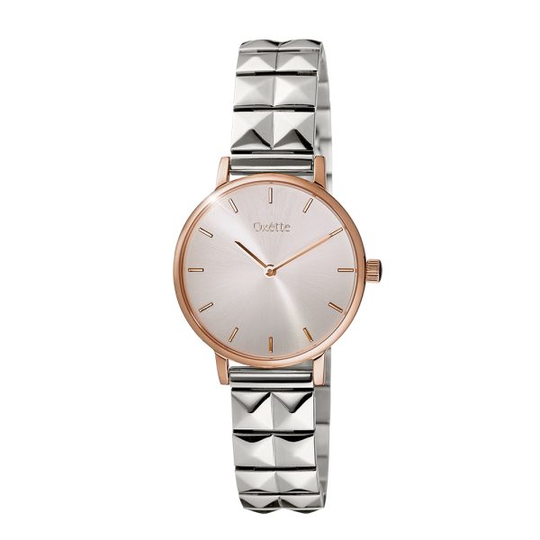 Futuristic watch with steel bracelet and rose gold dial
