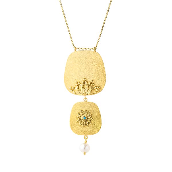 Talisman Necklace silver gold plated with pattern, turquoise zircon and pearl