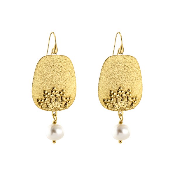 Talisman Earrings silver gold plated with pattern and pearl 2.5 cm