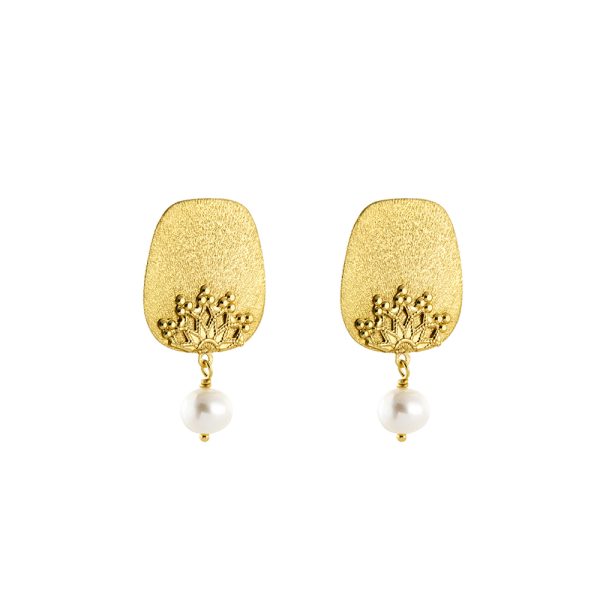 Talisman Earrings silver gold plated with pattern and pearl 2 cm
