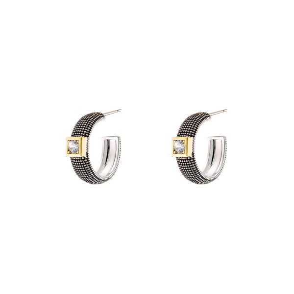 Natrix earrings metallic black/gold (oxidised) hoops with white zircons