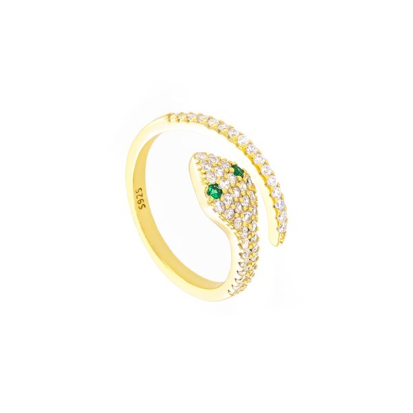 Serpente Ring silver gold plated with snake and white and green zircon