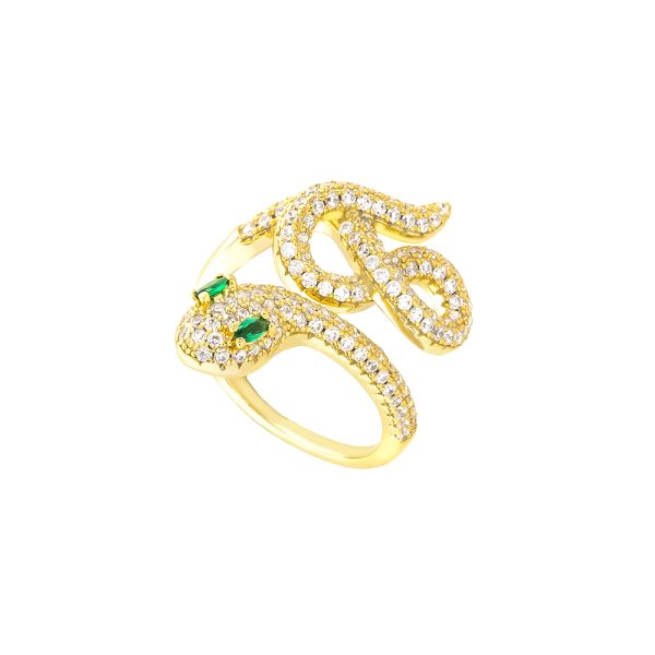 Serpente Ring silver gold plated with snake and white and green zircon