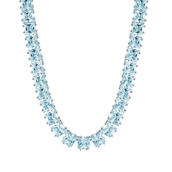 Party necklace metallic silver choker with aqua zirconia squares