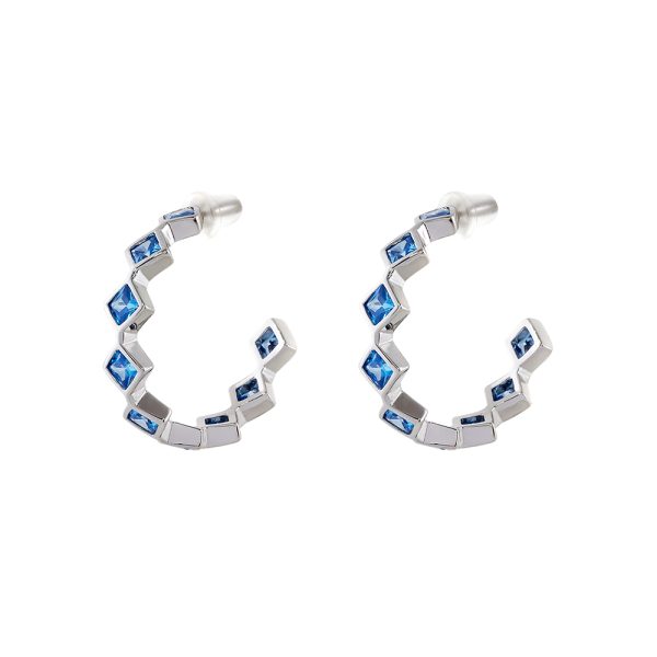Optimism earrings metallic silver hoops with aqua zircon 2.5 cm