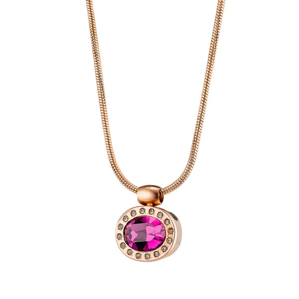 Extravaganza steel rose gold necklace with oval purple crystal and white crystals