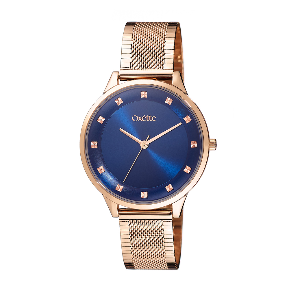 11X05-00728 Ρολόι Berlin με ροζ χρυσό ατσάλινο μπρασελέ και μπλε καντράν