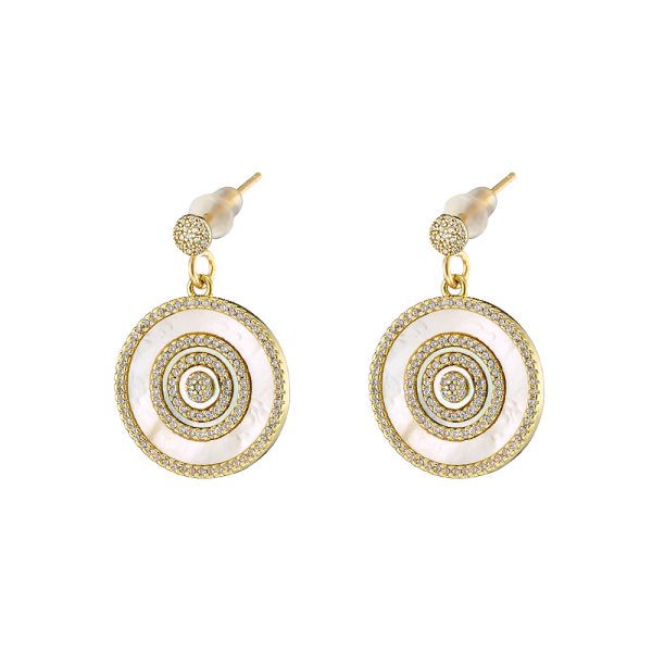 Optimism metal gold-plated earrings with white zircons and mop 1.8 cm