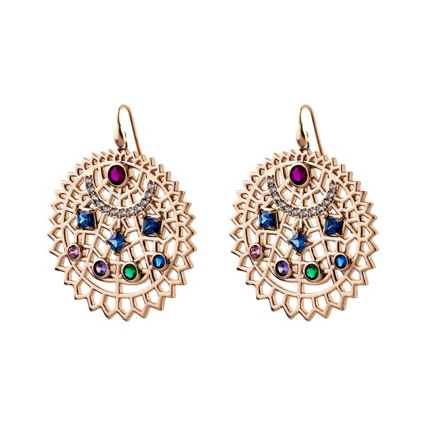 Σκουλαρίκια Dantelle μεταλλικά ροζ χρυσά διάτρητα με πολύχρωμα κρύσταλλα 4 cm