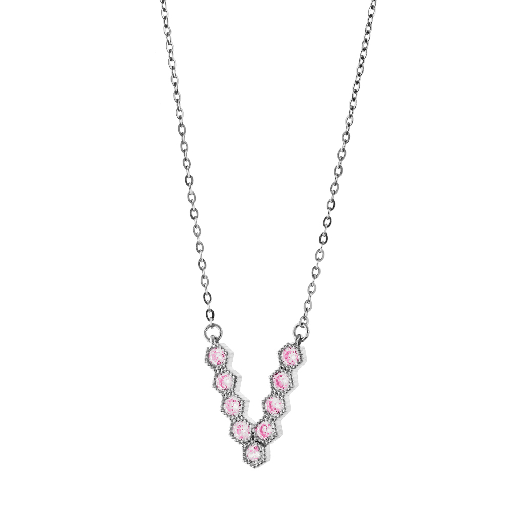 Harmony Silver Metallic "V" Necklace with Pink Zircon Oxette
