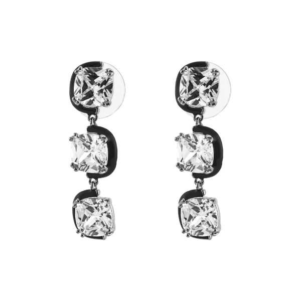Party earrings metallic silver with black enamel and white zircons