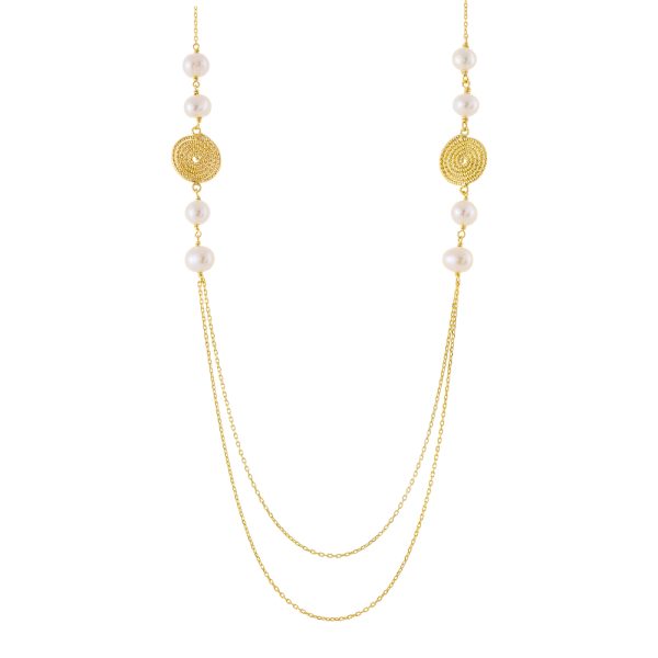 Helix silver gold-plated long necklace with spiral elements and pearls
