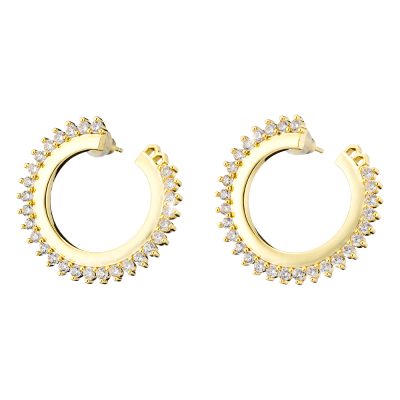 Crown earrings metal gold-plated hoops with white zircons