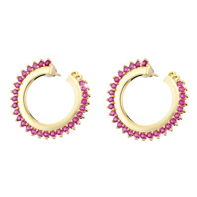 Crown earrings metal gold-plated hoops with fuchsia zircons