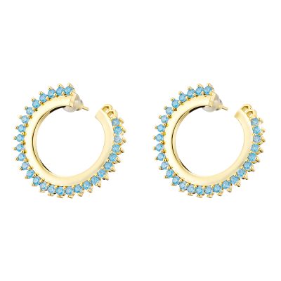 Crown earrings metal gold-plated hoops with aqua zircons