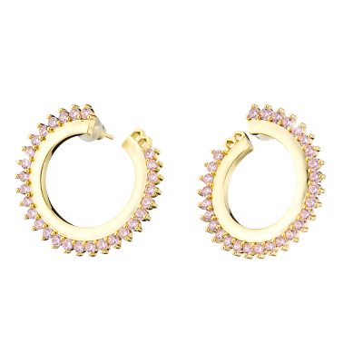 Crown earrings metal gold-plated hoops with pink zircons