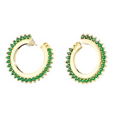 Crown earrings metal gold-plated hoops with green zircons
