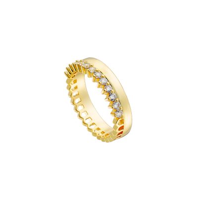 Crown metal gold-plated ring with white zircons