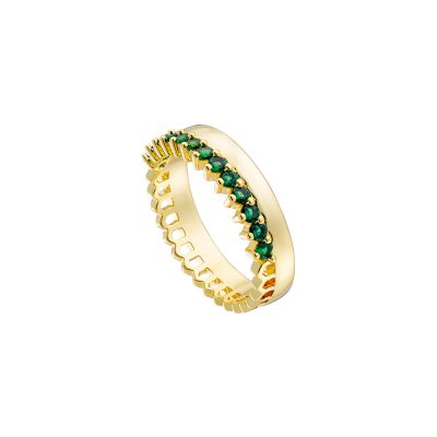 Crown metal gold-plated ring with green zircons