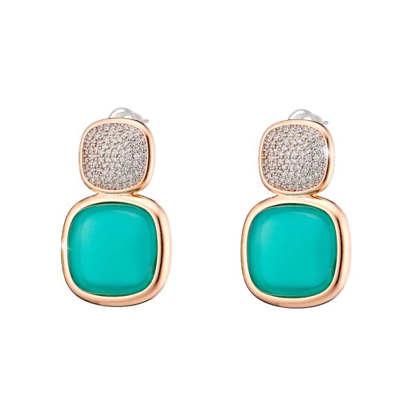 Darling metallic rose gold earrings with green crystals and zircons