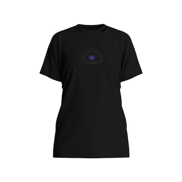 T-Shirt black cotton jersey with eyelet and blue crystals (SM)