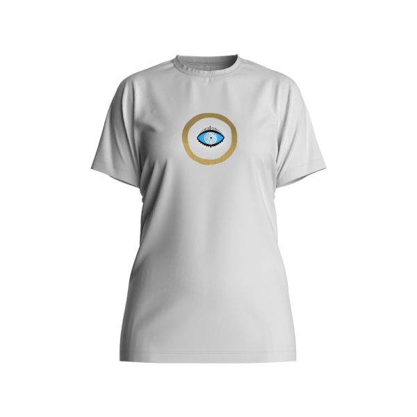 T-Shirt white cotton jersey with gold circle, eye and aqua crystals