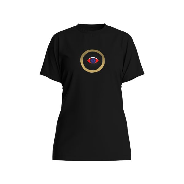 T-Shirt μαύρο βαμβακερό ζέρσεϊ με χρυσό κύκλο, μάτι και μπλε κρύσταλλα (S-M)