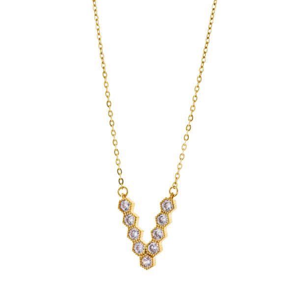 Harmony metal gold-plated "V" necklace with white zircons