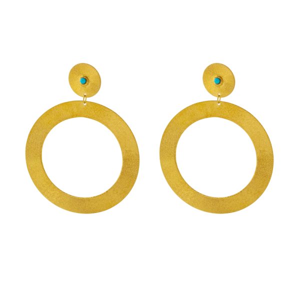Striking Gold silver plated large hoop earrings with turquoise stone