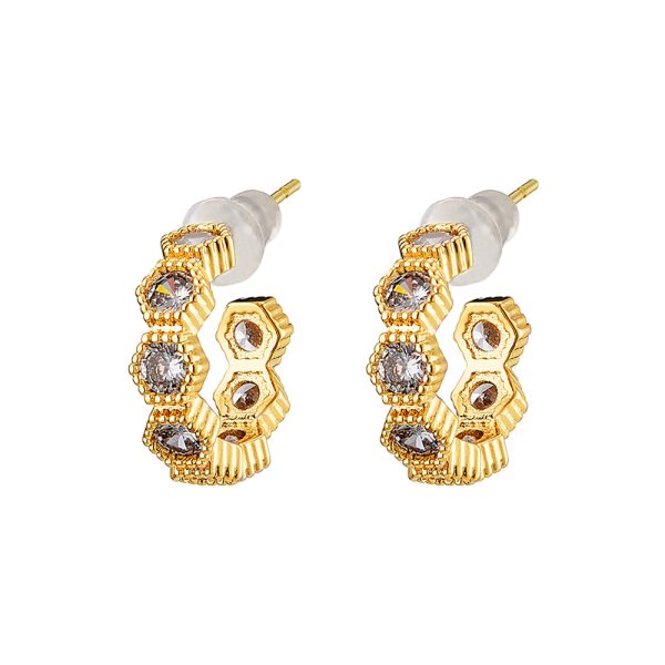 Harmony earrings metal gold-plated hoops with white zircons 1.5 cm