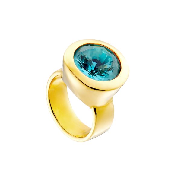 Extravaganza ring steel gold plated with aqua zircon