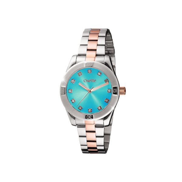 Crown watch with two-tone steel bracelet and turquoise dial