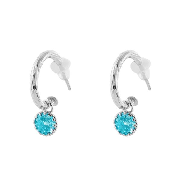 Basic silver hoop earrings with aqua zircons