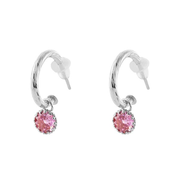 Basic silver hoop earrings with pink zircons
