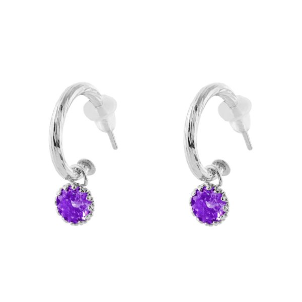 Basic silver hoop earrings with purple zircons