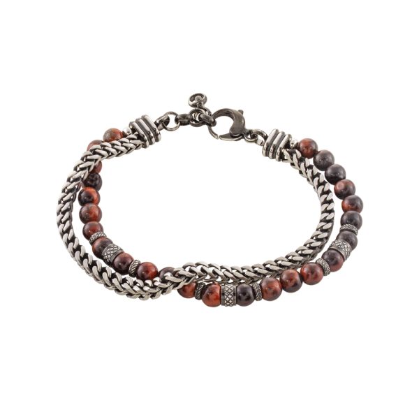 Men's steel two-tone double bracelet with brown stones and elements