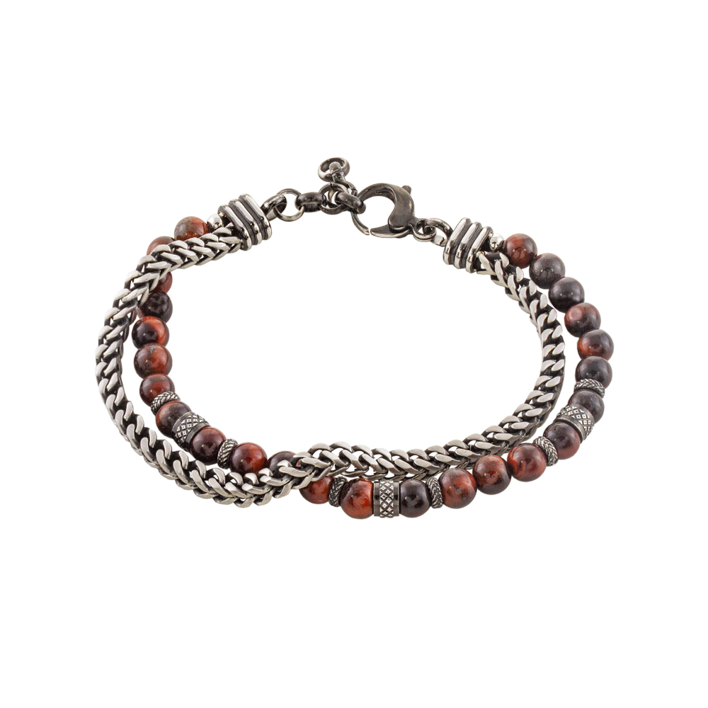 02X03-00490 Βραχιόλι Men's ατσάλινο δίχρωμο διπλό με καφέ πέτρες και στοιχεία