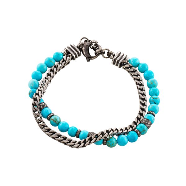 Men's steel two-tone double bracelet with turquoise stones and elements