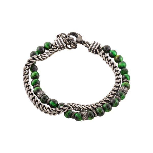 Men's steel two-tone double bracelet with green stones and elements
