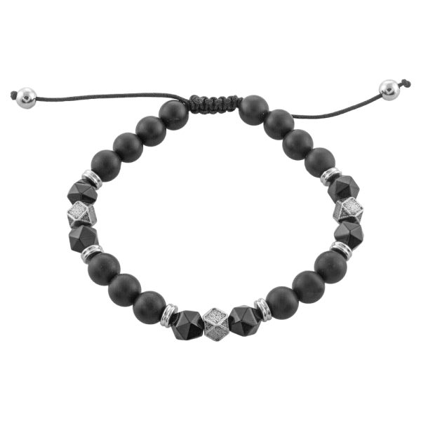Men's steel bracelet with black stones, elements and macrame binding