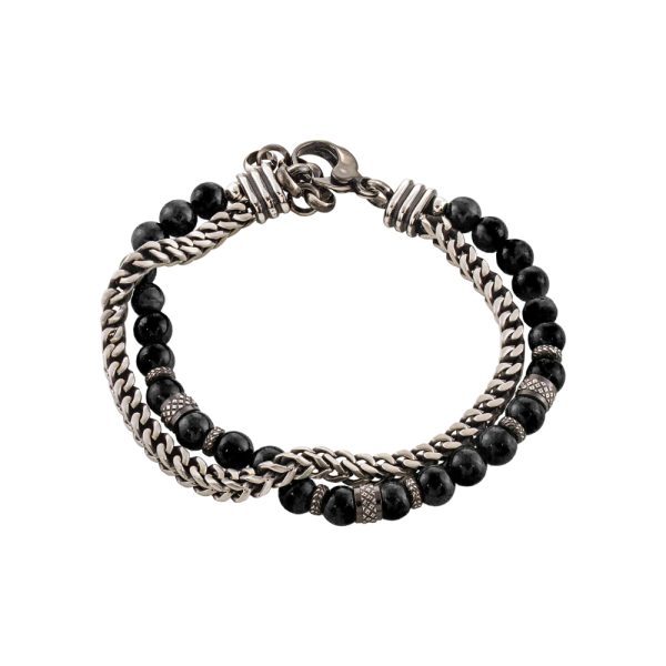 Men's steel two-tone double bracelet with black stones and elements