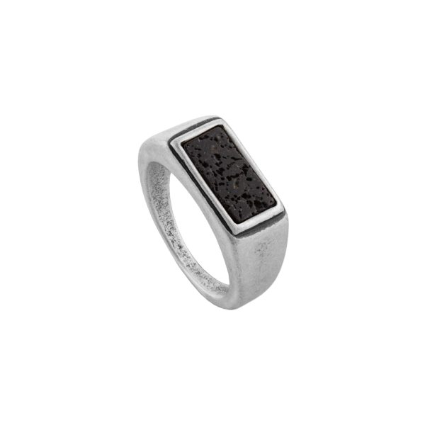 Men's ring in matte steel with black lava stone